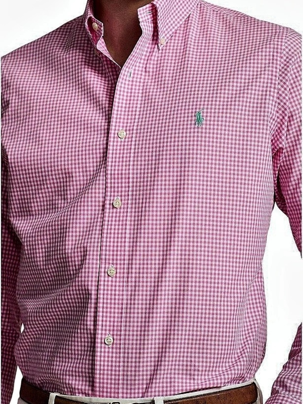 Ralph Lauren Slim Fit Gingham Poplin Shirt in Pink & White, Large